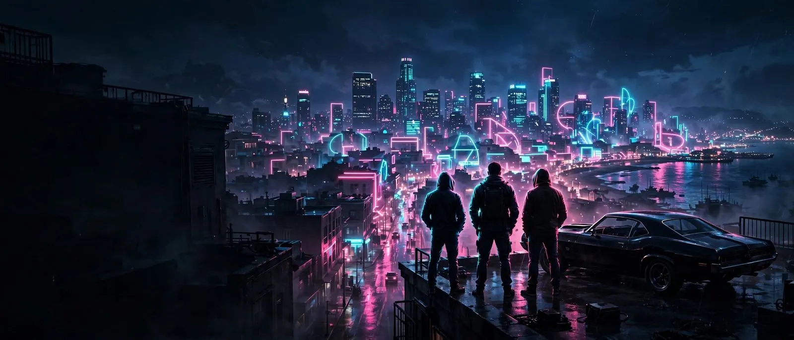 The three wingmen on a neon rooftop